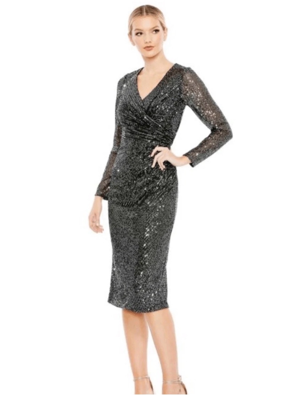 Ieena for Mac Duggal Sequin Faux Wrap Long Sleeve Midi Dress Black Silver 16